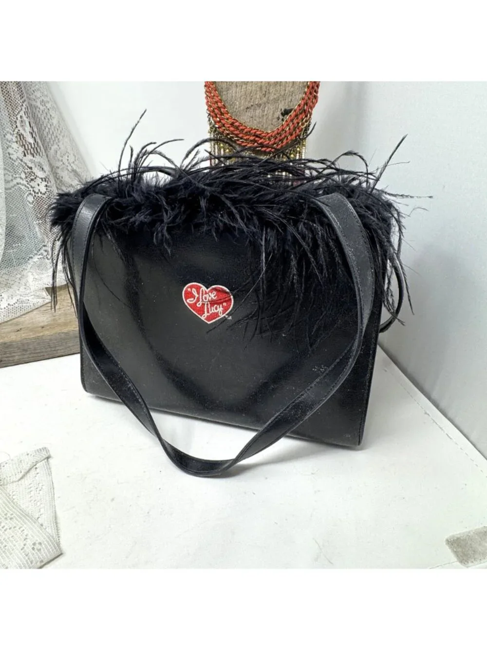 I Love Lucy Purse Black Feather Trim Faux Leather Bucket Purse